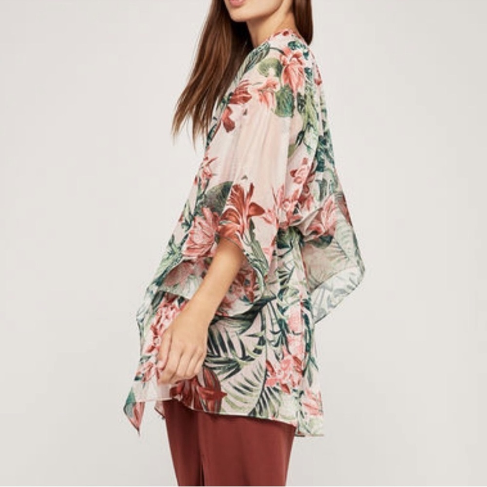 BCBGeneration Sheer Tropical Floral Kimono Wrap Cover-Up Boho Resort Tassel Tie - Picture 8 of 9